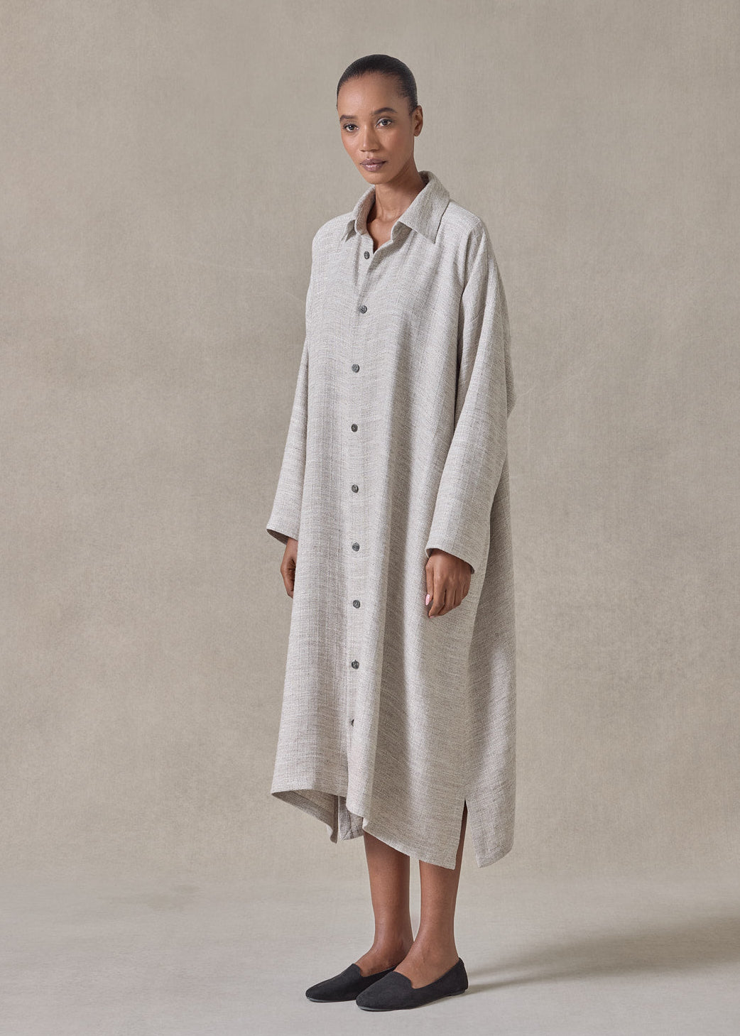 textured linen mix wide a-line shirt dress with collar (natural)