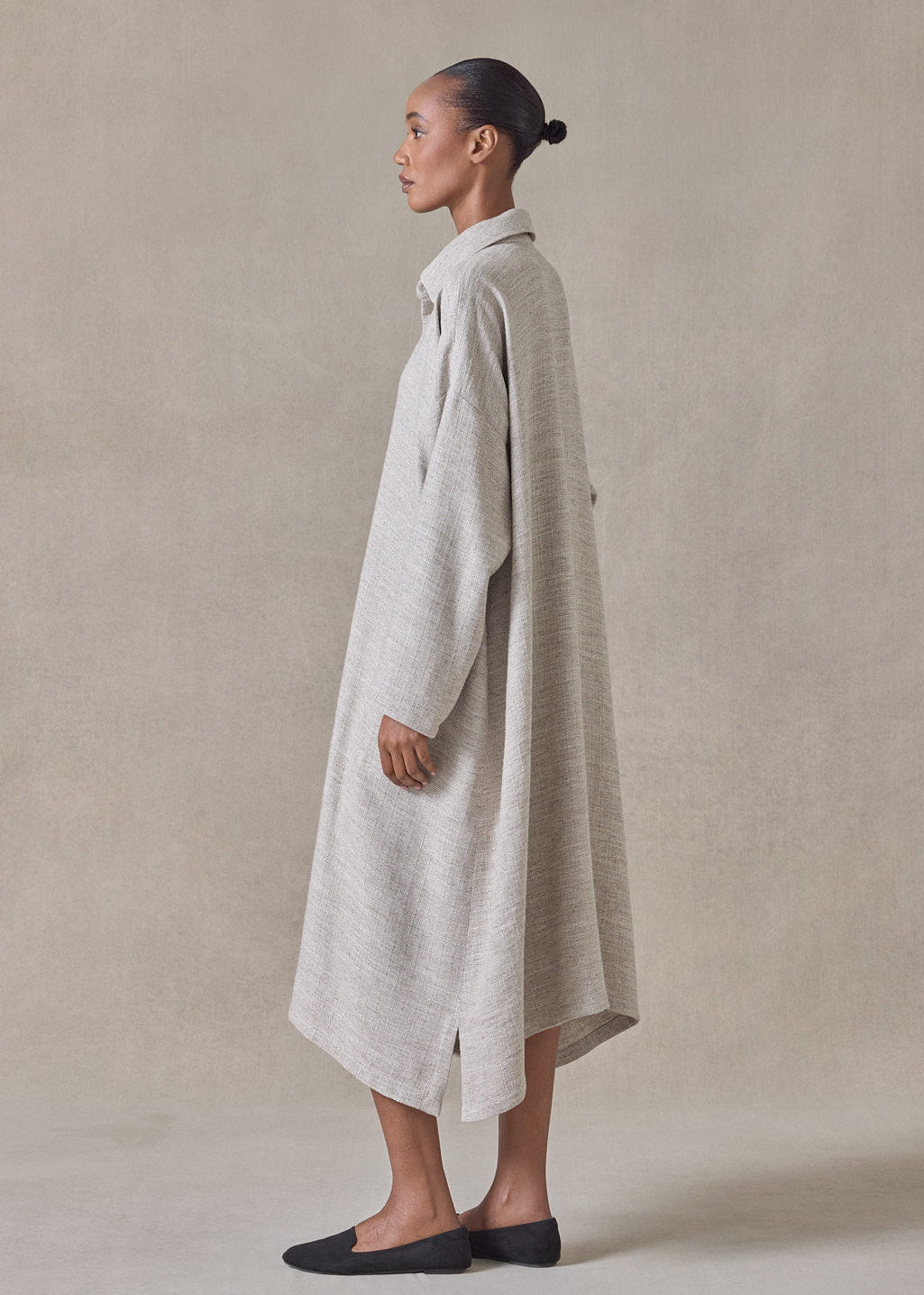 textured linen mix wide a-line shirt dress with collar (natural)