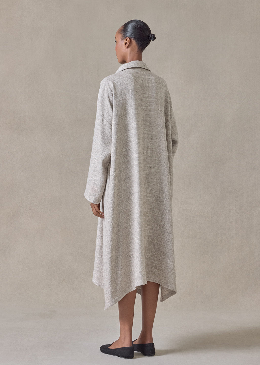 textured linen mix wide a-line shirt dress with collar (natural)