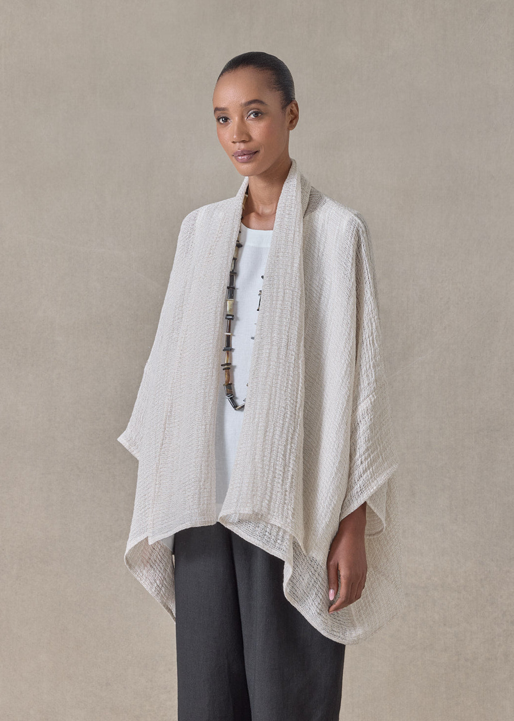 linen mix wide short sleeve scrunch shawl collar jacket - mid plus (natural)