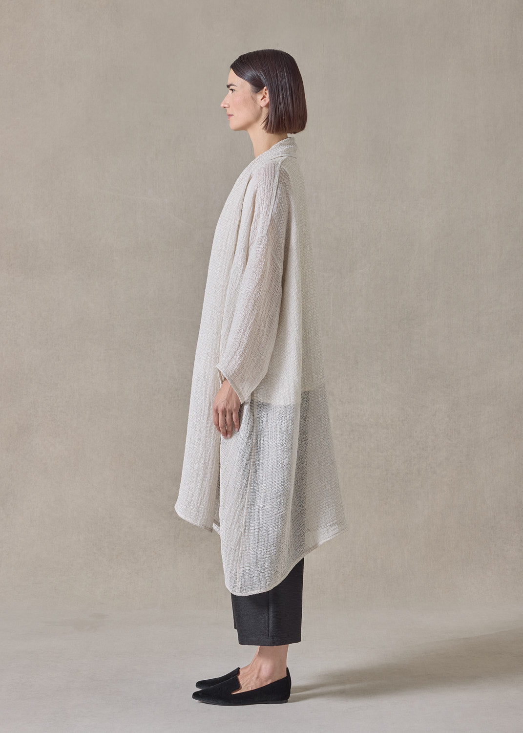 linen mix wide a-line scrunch shawl collar jacket - very long (natural)