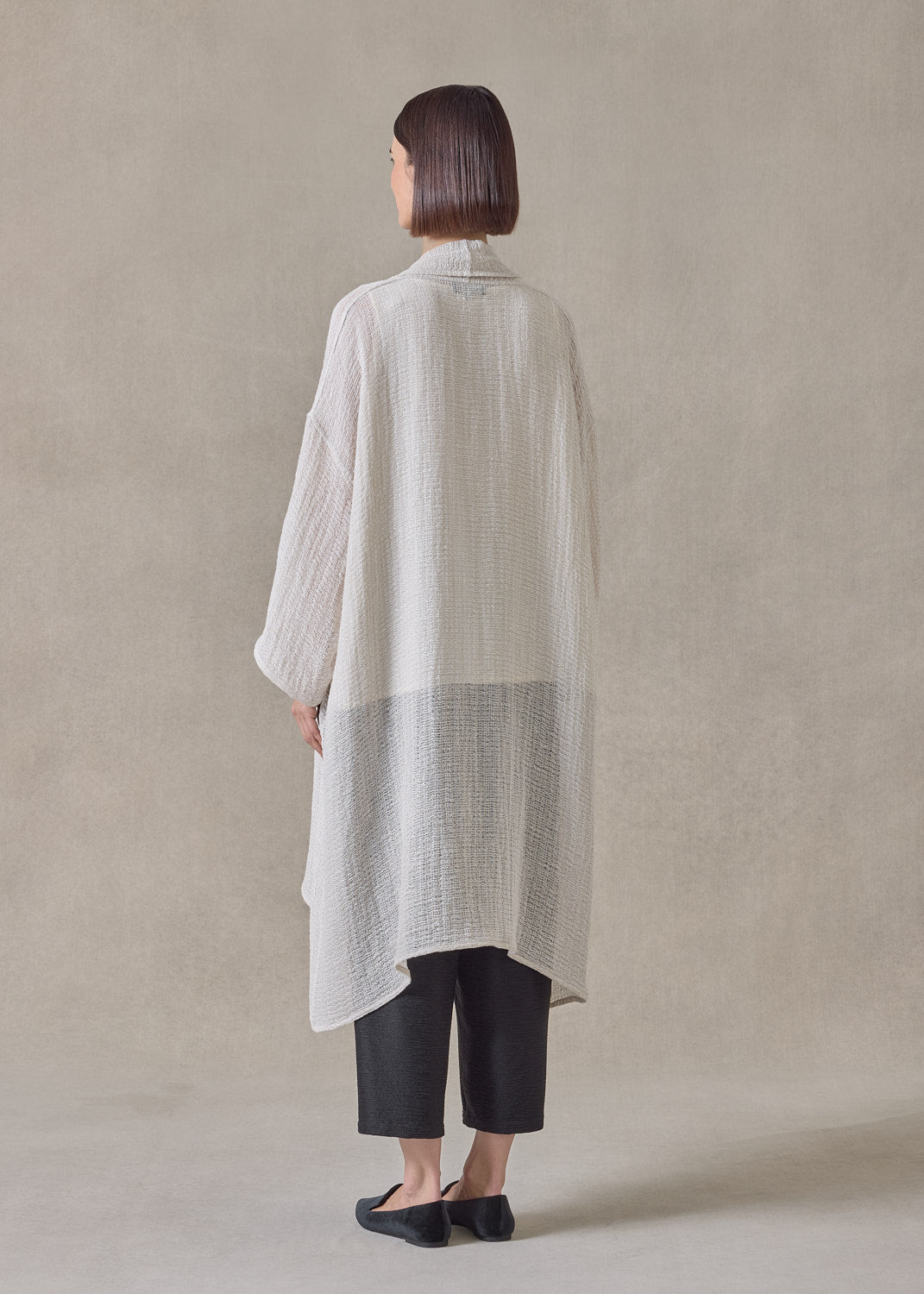 linen mix wide a-line scrunch shawl collar jacket - very long (natural)