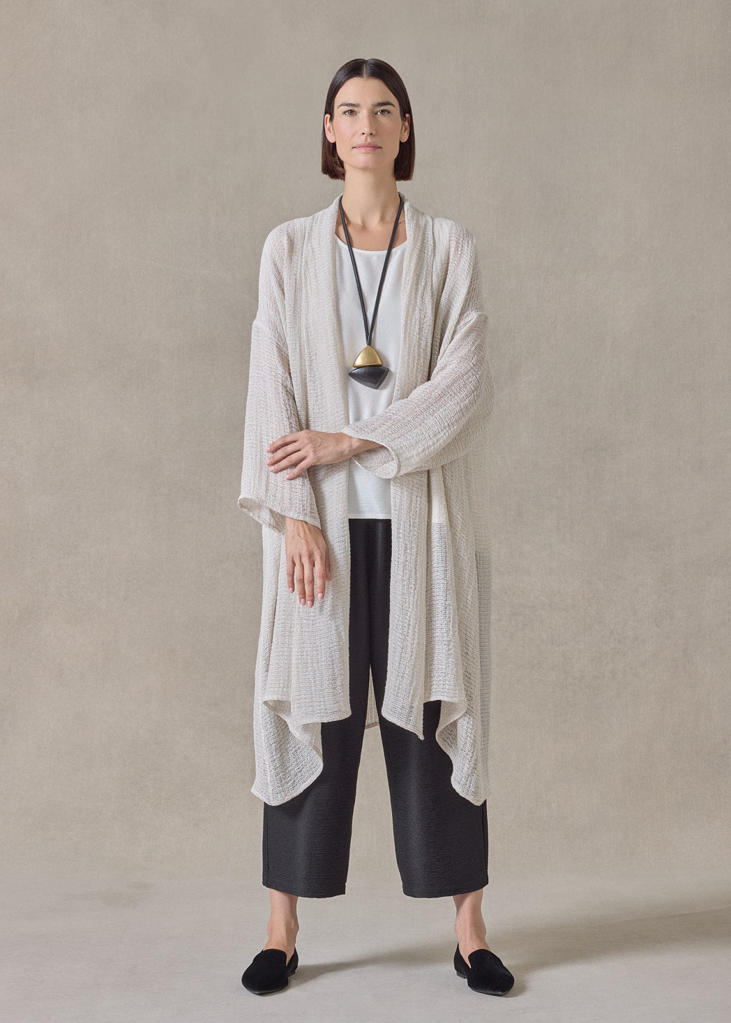 linen mix wide a-line scrunch shawl collar jacket - very long (natural)