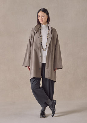 cotton mix smaller front larger back high neck raincoat with button away hood - long plus (stone)