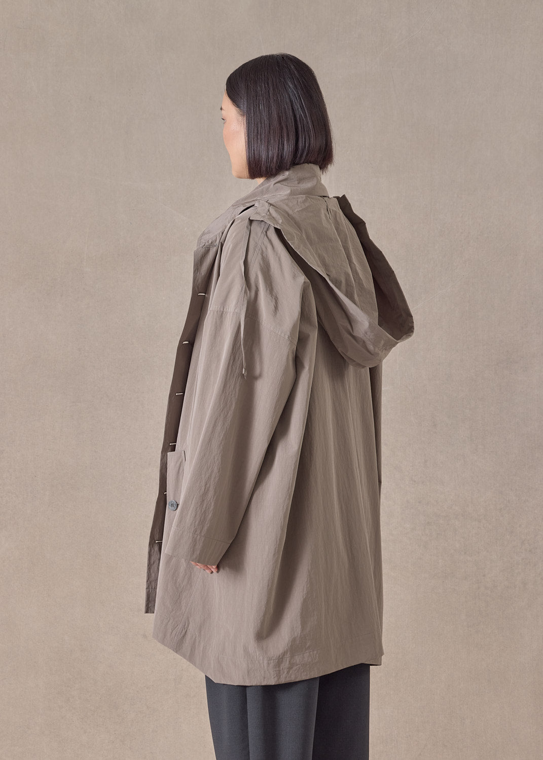cotton mix smaller front larger back high neck raincoat with button away hood - long plus (stone)