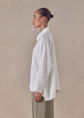 silk jacquard wide a-line double stand collar shirt - mid plus (ivory)