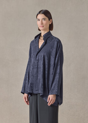 silk jacquard wide a-line double stand collar shirt - mid plus (navydark)