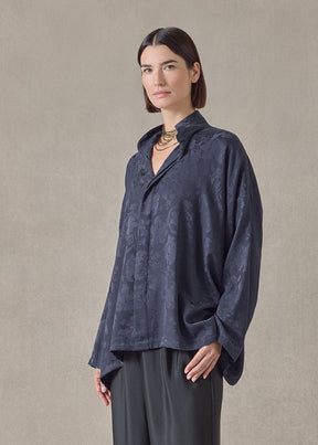 silk jacquard wide a-line double stand collar shirt - mid plus (navydark)