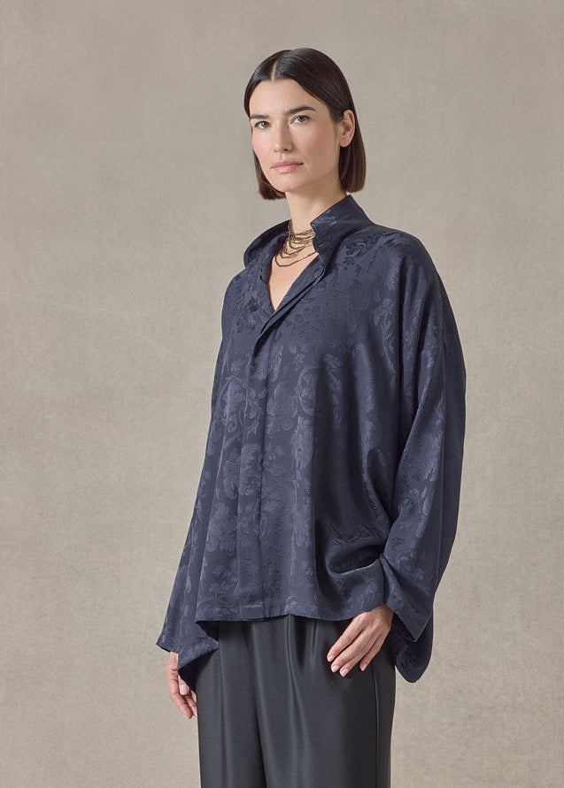 silk jacquard wide a-line double stand collar shirt - mid plus (navydark)