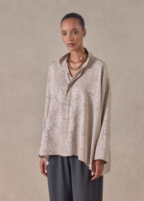 silk jacquard wide a-line double stand collar shirt - mid plus (stone)