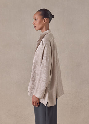silk jacquard wide a-line double stand collar shirt - mid plus (stone)