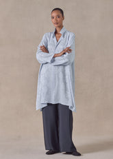 silk jacquard wide a-line double stand collar shirt - very long with slits (bridgertonblue)