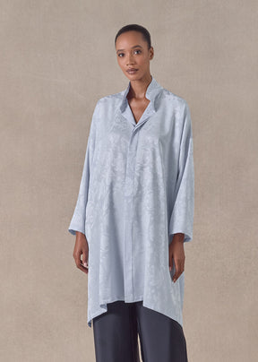 silk jacquard wide a-line double stand collar shirt - very long with slits (bridgertonblue)