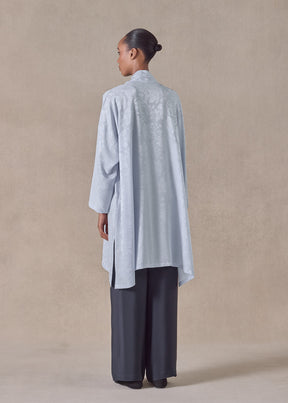 silk jacquard wide a-line double stand collar shirt - very long with slits (bridgertonblue)