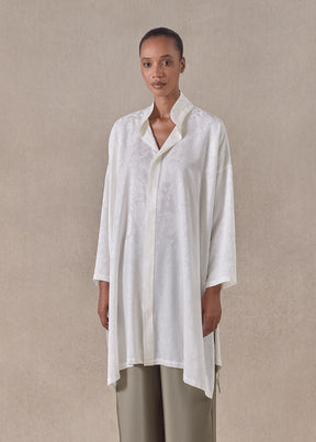 silk jacquard wide a-line double stand collar shirt - very long with slits (ivory)