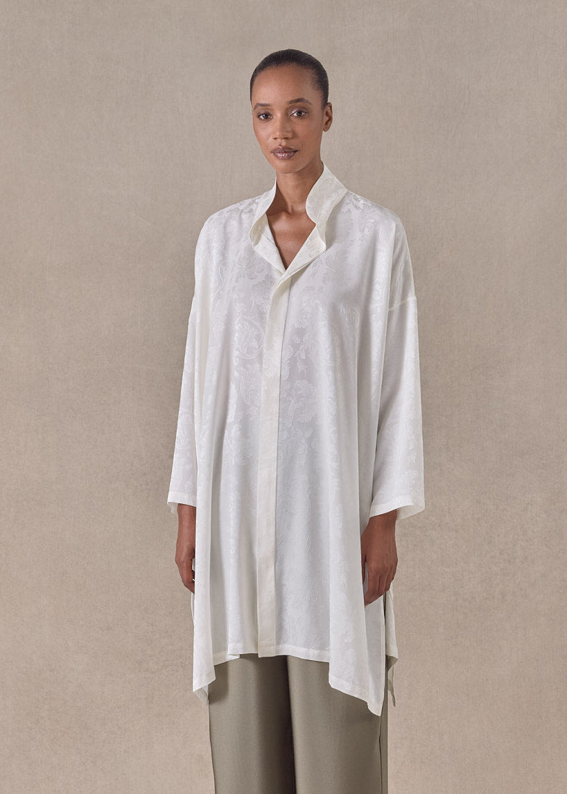 silk jacquard wide a-line double stand collar shirt - very long with slits (ivory)