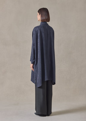 silk jacquard wide a-line double stand collar shirt - very long with slits (navydark)