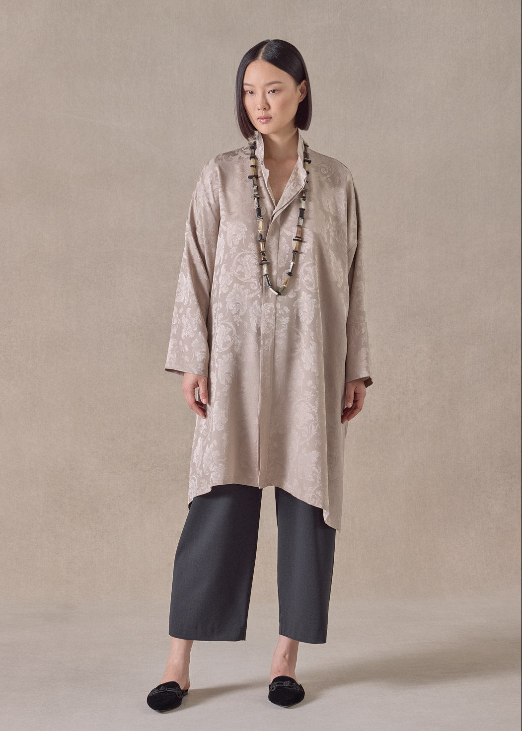 silk jacquard wide a-line double stand collar shirt - very long with slits (stone)