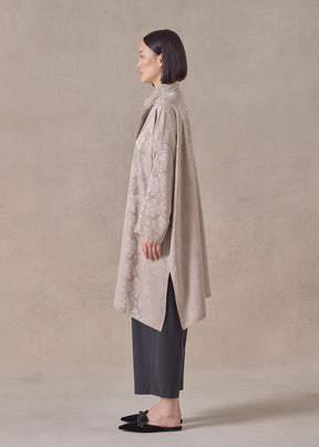 silk jacquard wide a-line double stand collar shirt - very long with slits (stone)