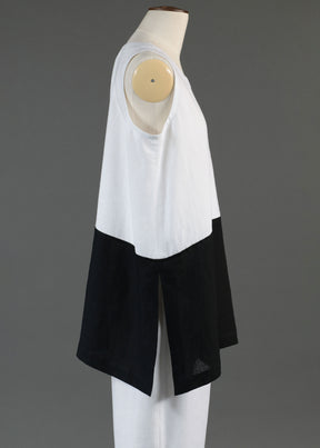 linen A-line round neck shell with side slit detail - long  in black/white