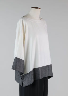 cashmere silk mix a-line scoop neck 3/4 sleeve tunic with contrast edge panel - mid