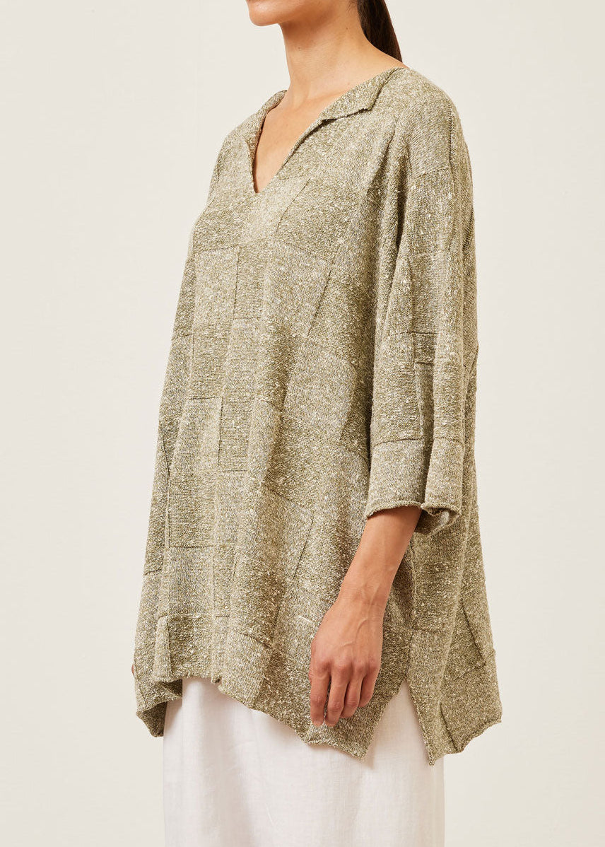linen silk mix square 3/4 sleeve slit neck sweater - long