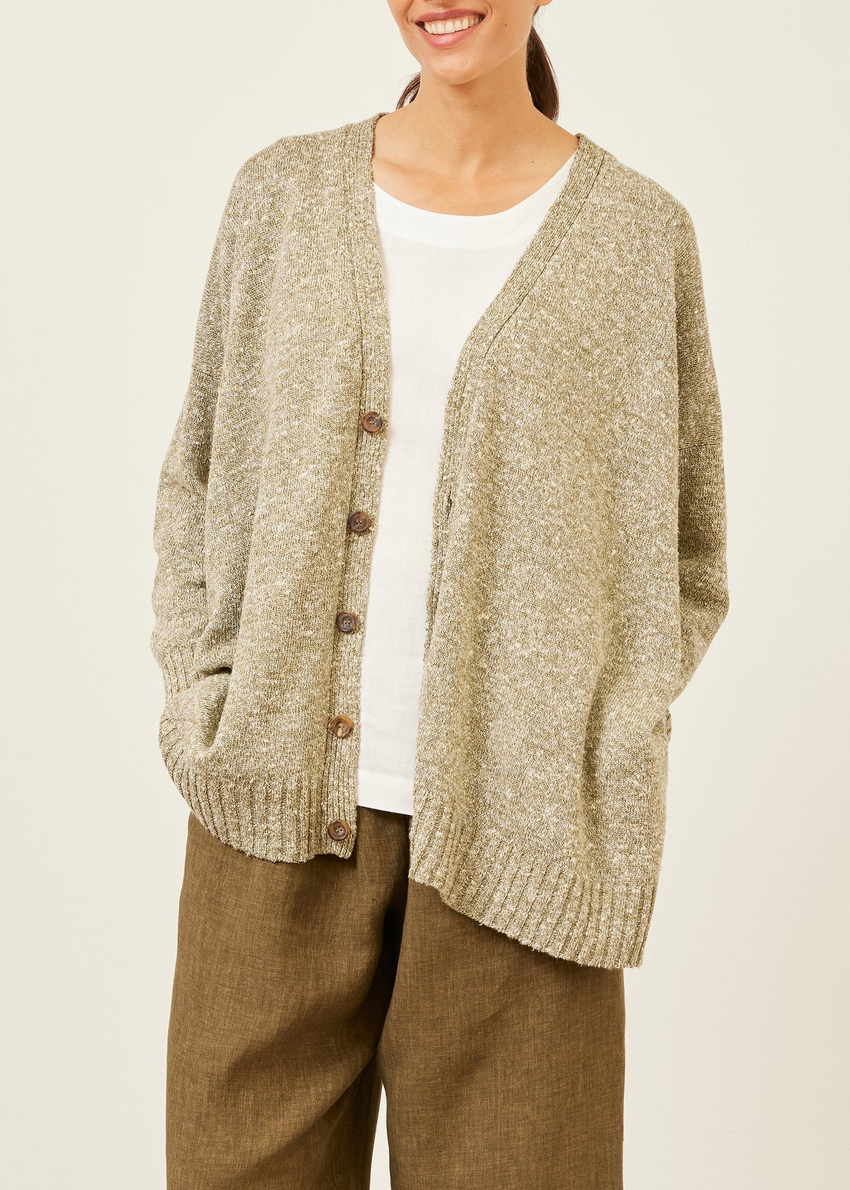 linen silk mix knitted v neck cardigan - mid plus