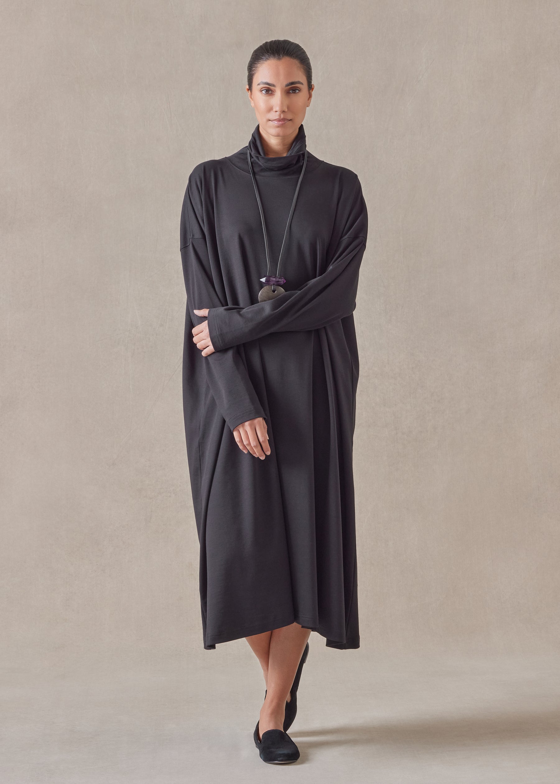 black scrunch dress cotton jersey wide a-line scrunch neck dress (black)