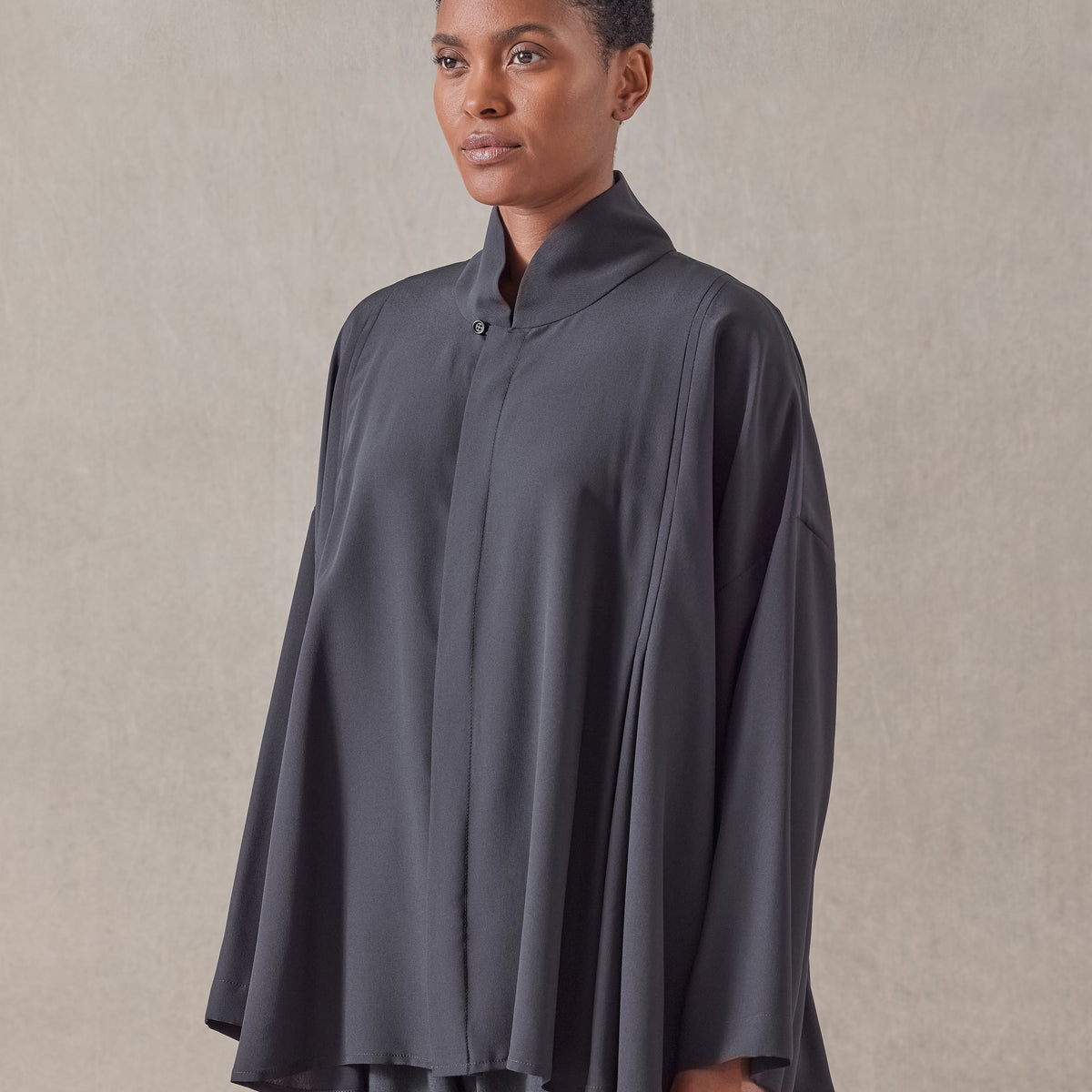 silk pleated shoulder swing shirt with chinese collar - mid plus
