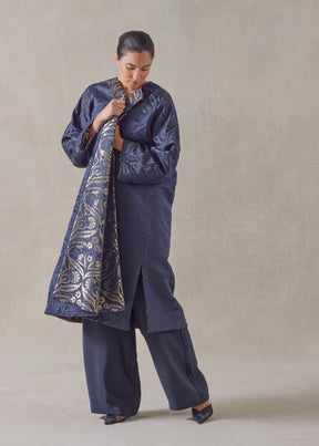 metallicised mix reversible round neck chinese jacket - 3/4 length