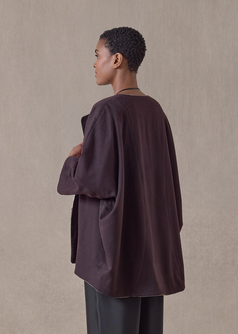 cashmere 3/4 sleeve slope shoulder round neck jacket- long (port)
