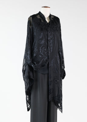 silk mix wide collarlarless shirt - very long with slits