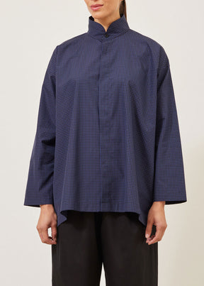 cotton slim A-line double stand collar shirt with stepped insert - long