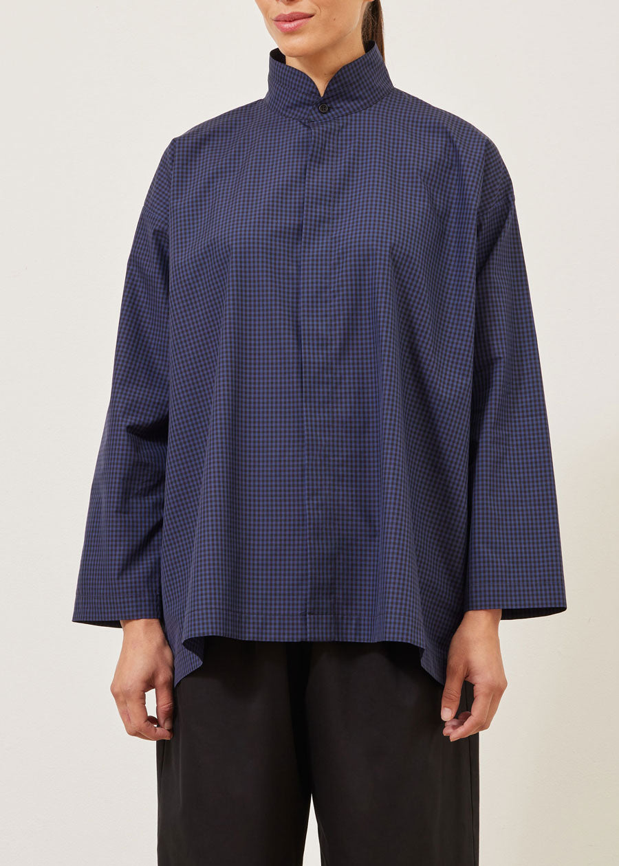 cotton slim A-line double stand collar shirt with stepped insert - long