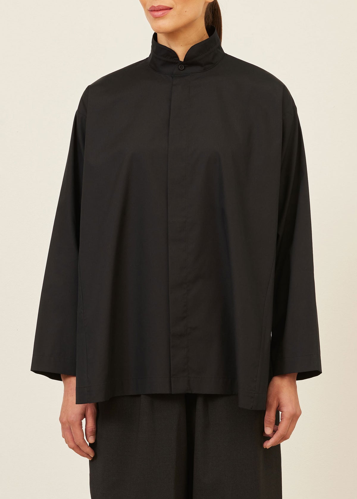 cotton side panelled shirt with double stand collar - long