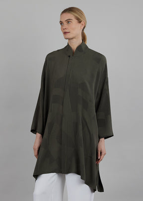 silk wide A-line shirt with chinese collar - very long with slits