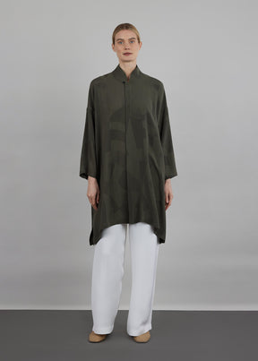 silk wide A-line shirt with chinese collar - very long with slits