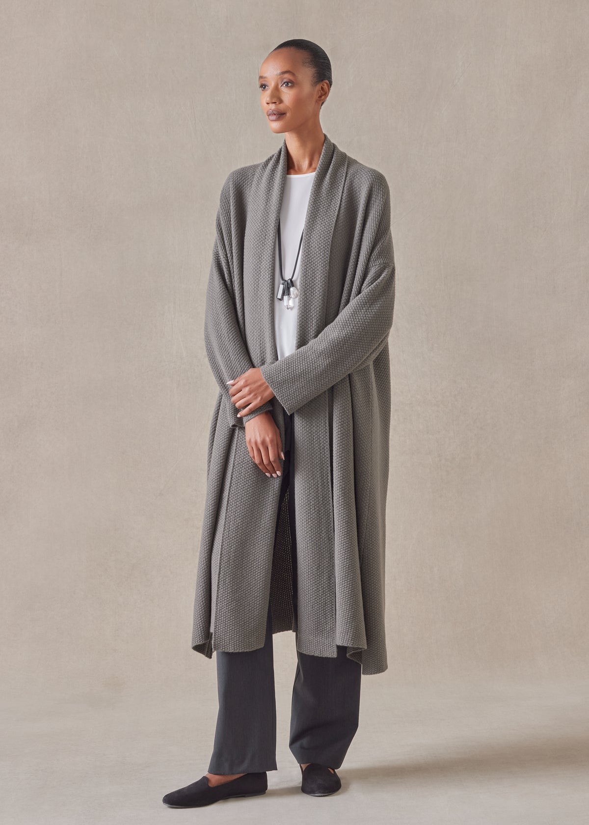 cashmere a-line scrunch shawl collar knit cardigan - 3/4 length