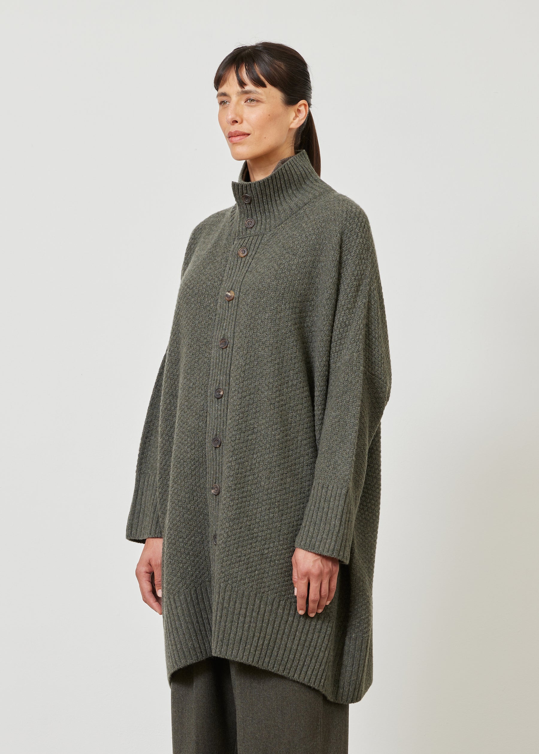 wide high neck button knit cardigan - long plus