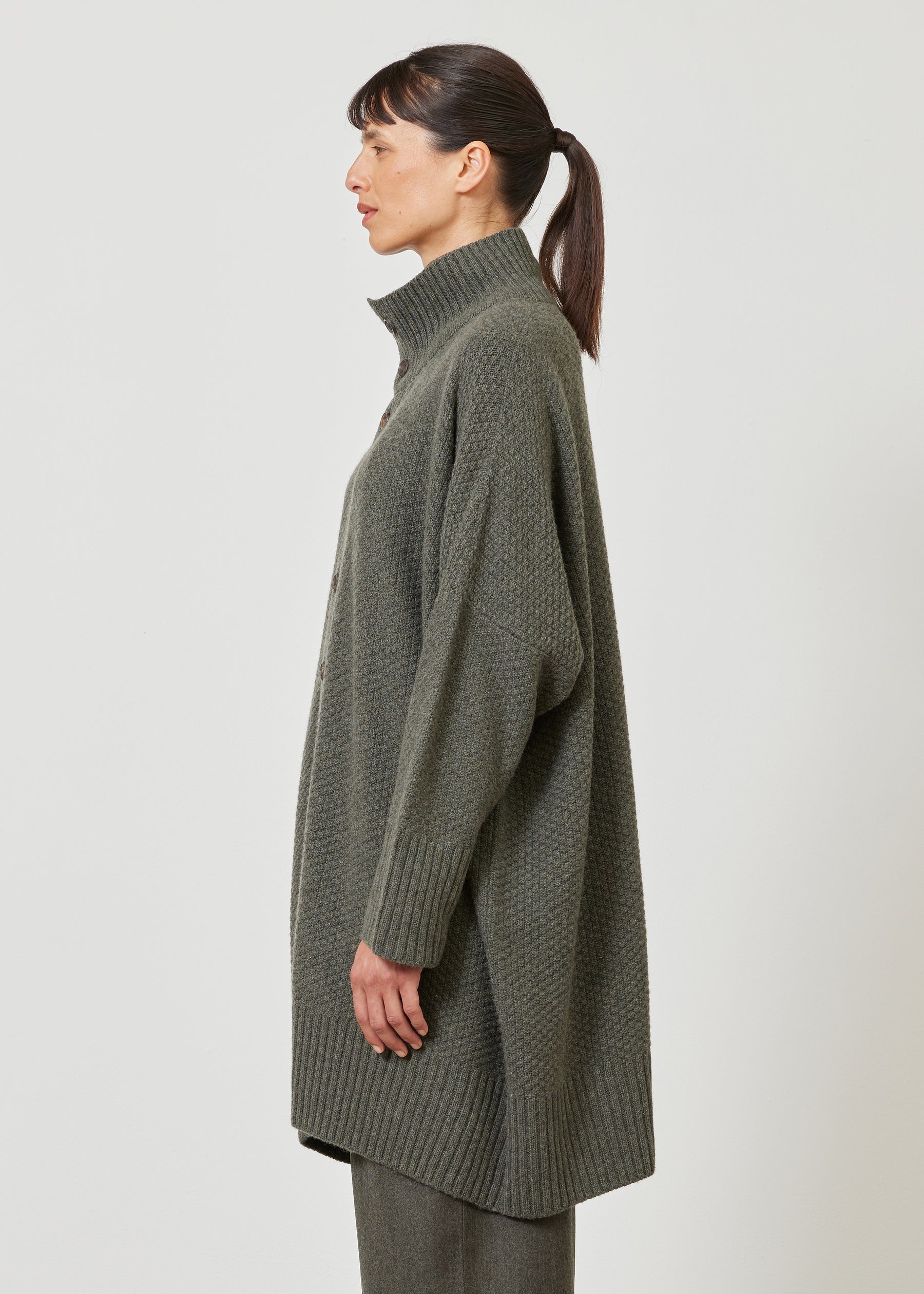 wide high neck button knit cardigan - long plus