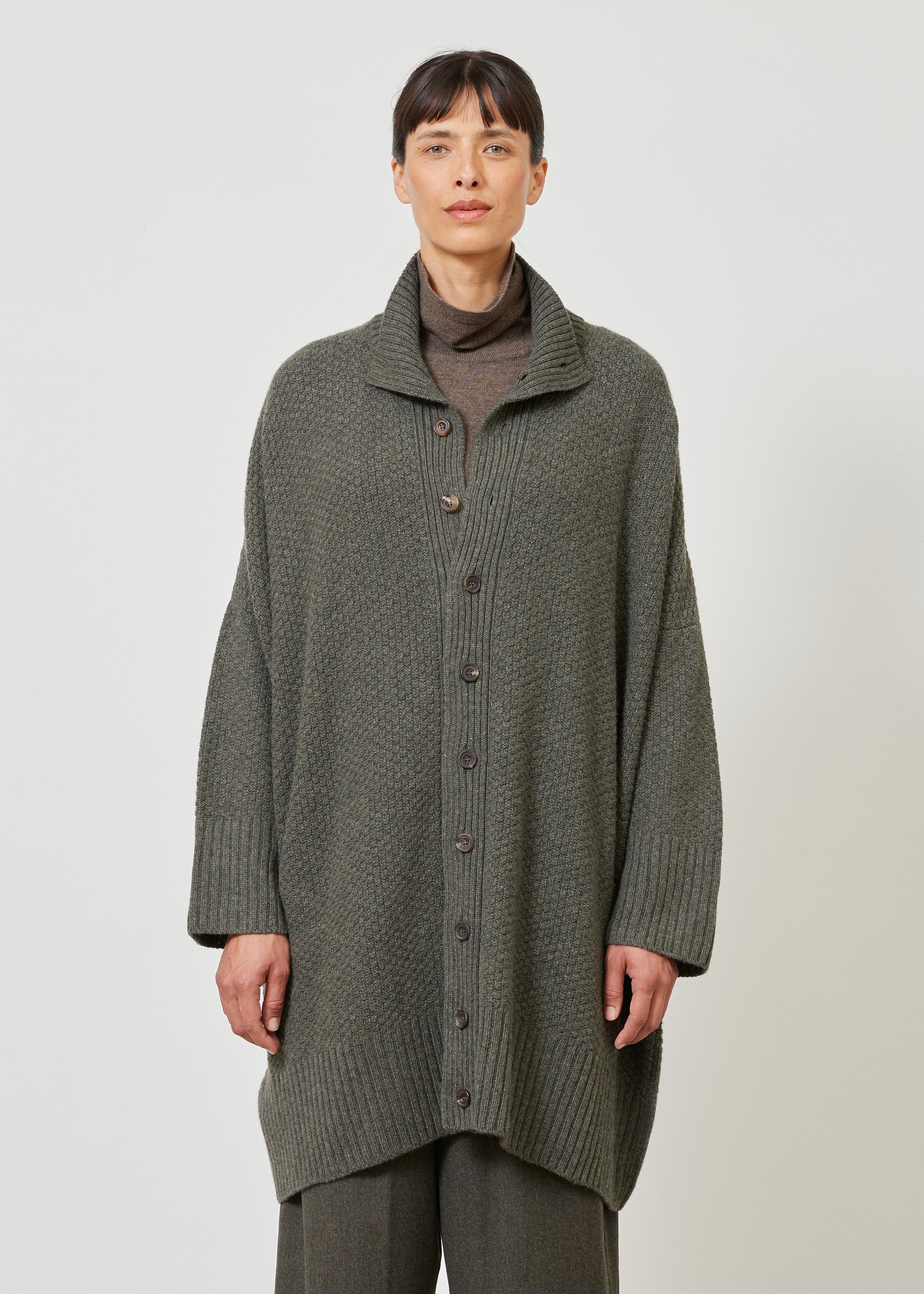 wide high neck button knit cardigan - long plus
