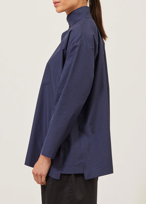 cotton slim A-line double stand collar shirt with stepped insert - long