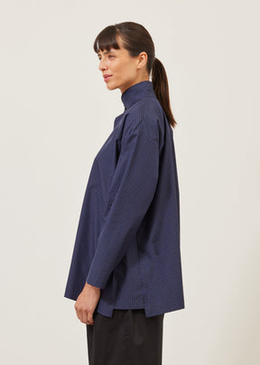 cotton slim A-line double stand collar shirt with stepped insert - long