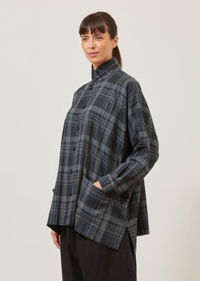 wide longer back double stand collar shirt jacket with collar - long