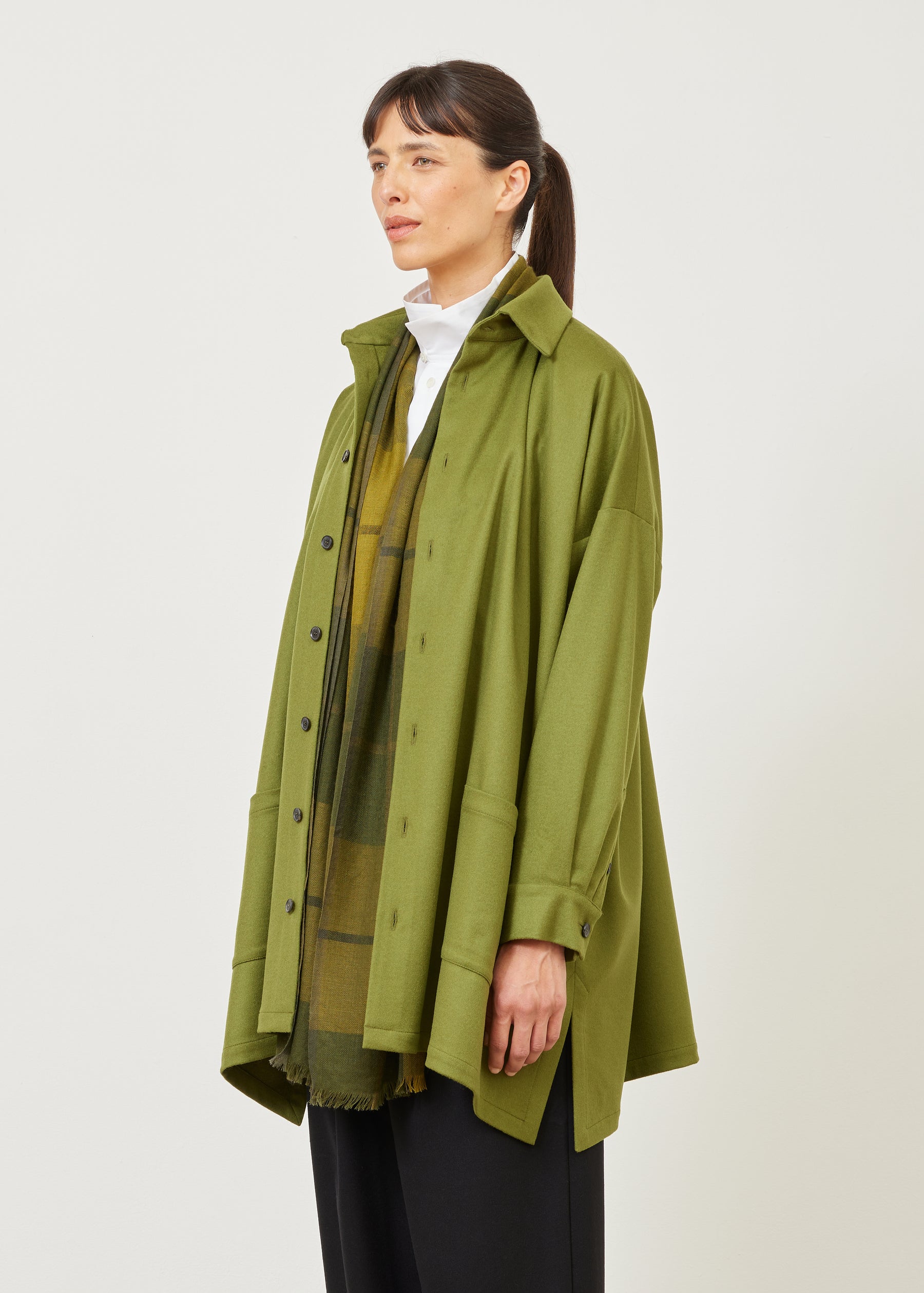 wide A-line shirt jacket with collar - long plus