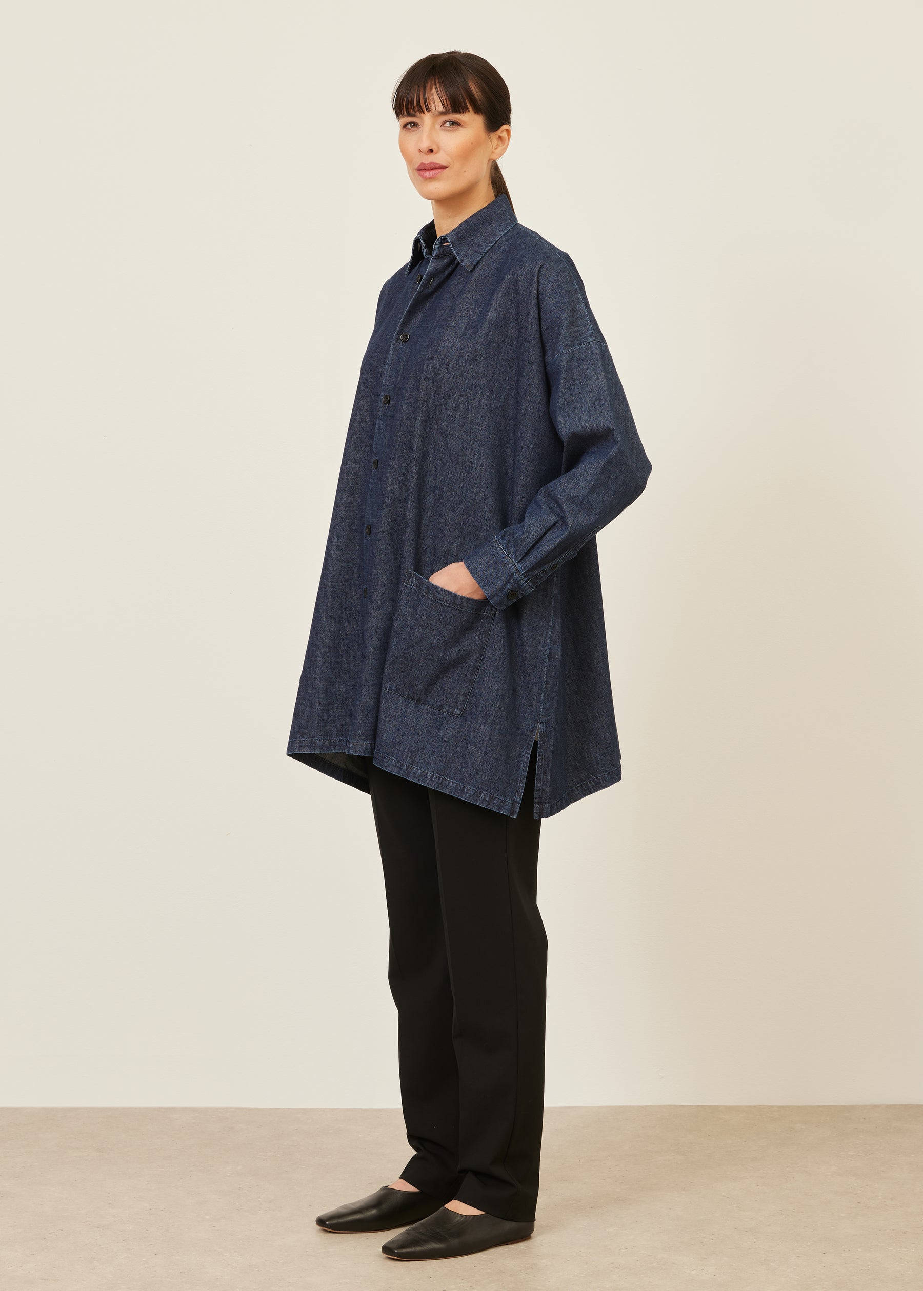 wide a-line shirt jacket with collar - long plus