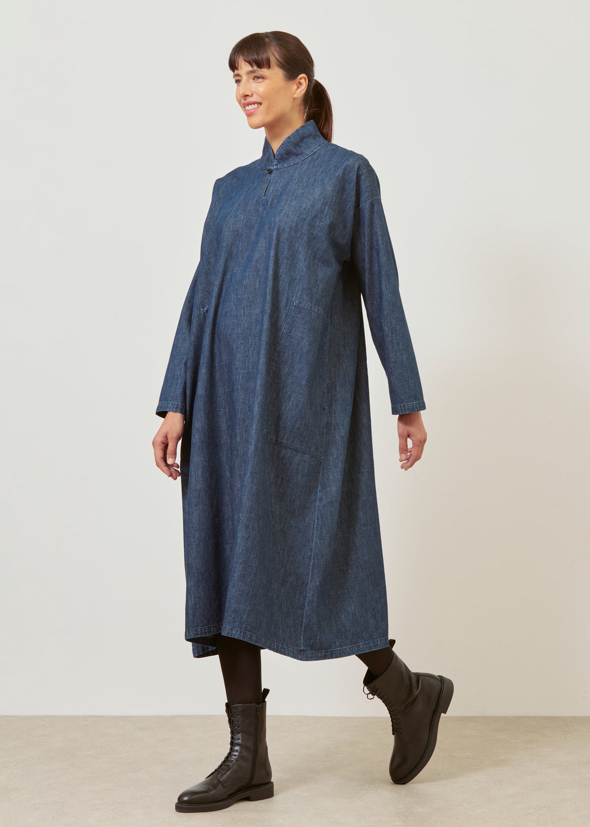 A-line denim dress with Chinese collar