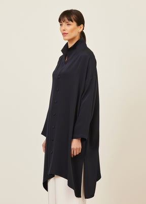 wide A-line shirt with open 'standup' collar - very long with slits