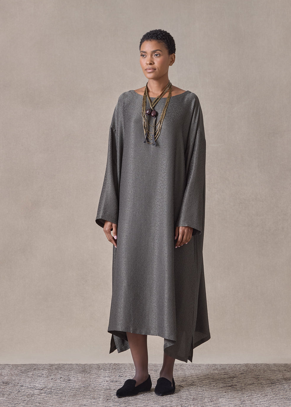 silk lamé mix wide A-line scoop neck dress (mossdark)