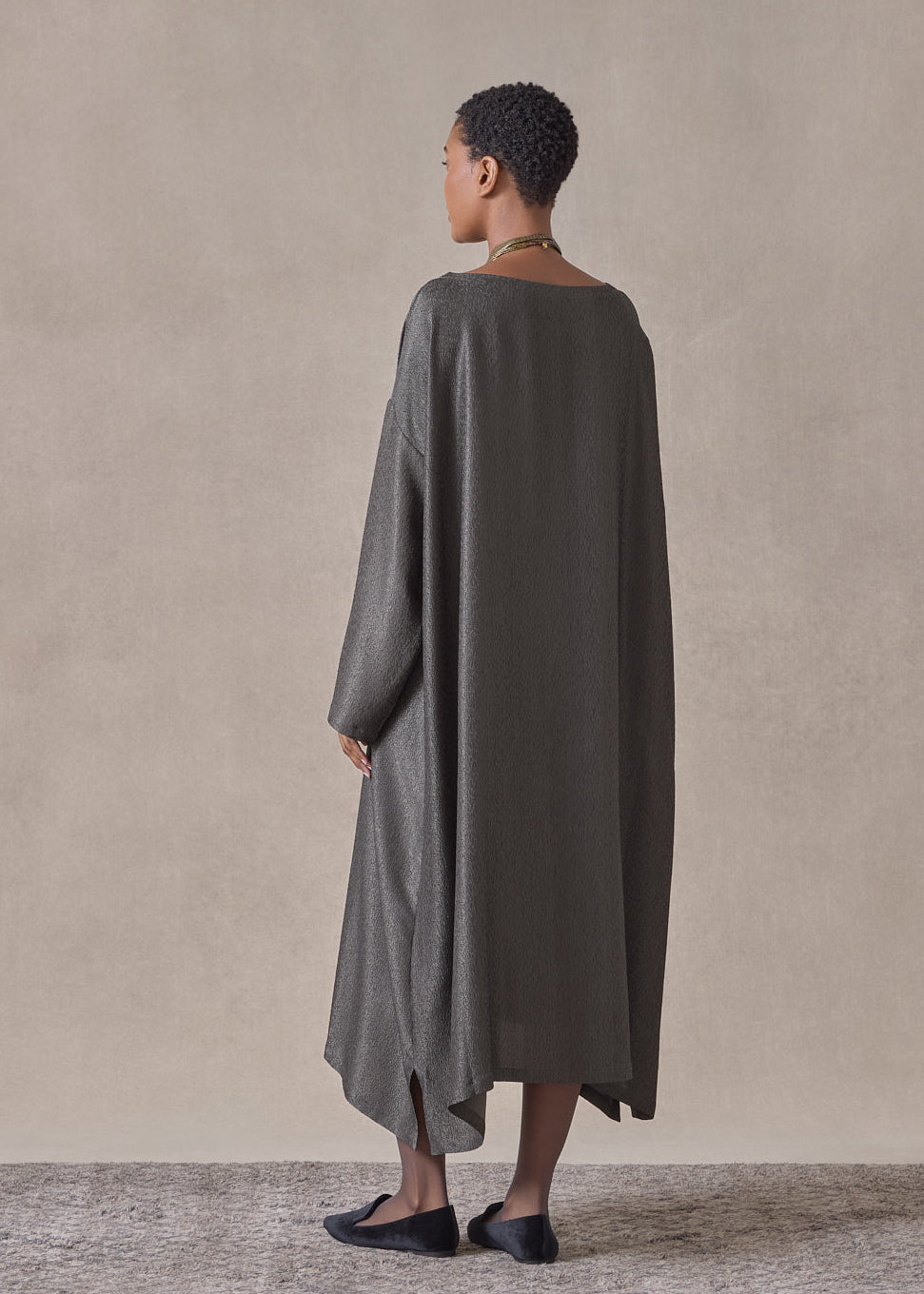 silk lamé mix wide A-line scoop neck dress (mossdark)